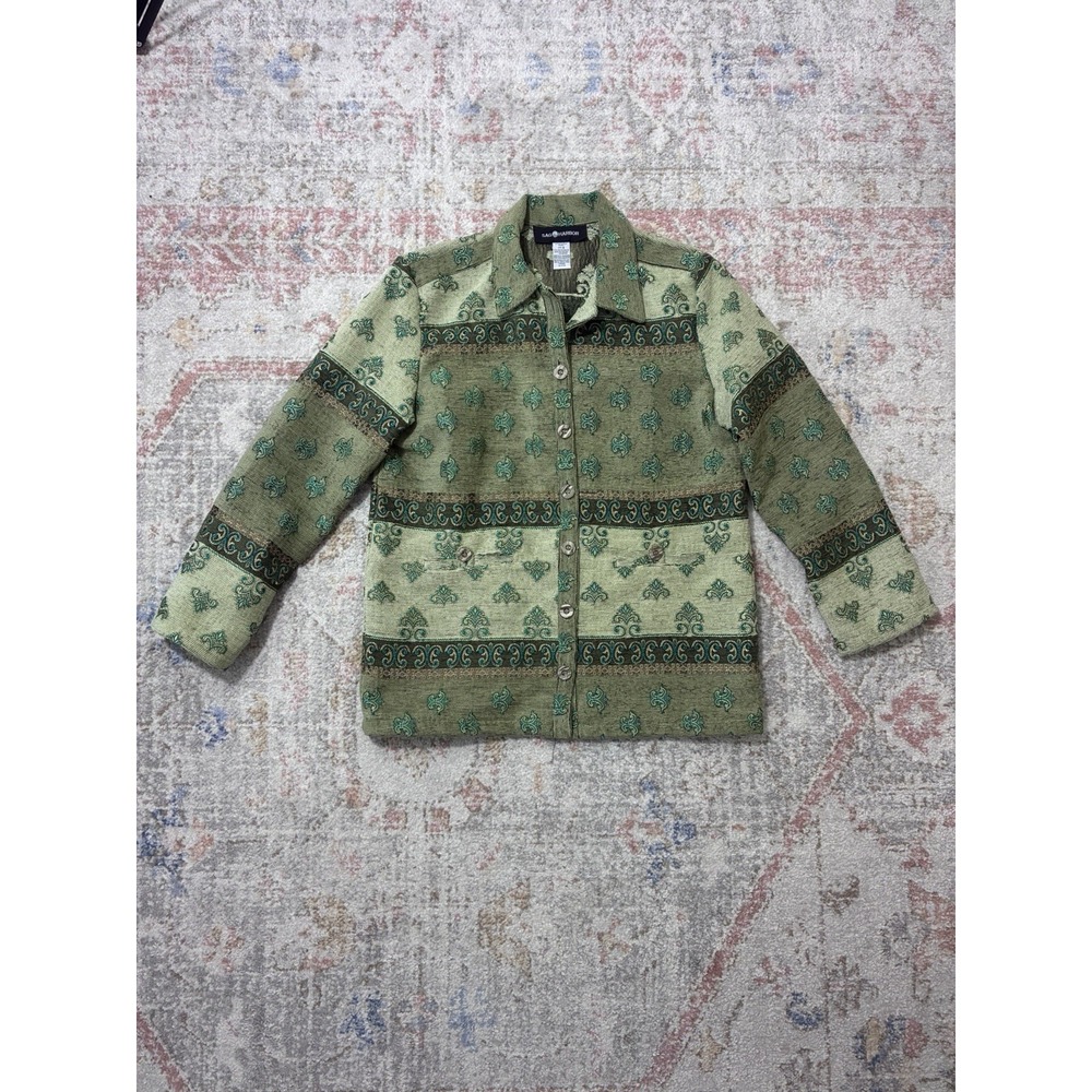 VTG 90s Sag Harbor Tapestry Jacket Green Fleur De Lis Damask Shacket  Size 8
